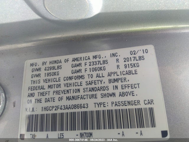 2010 HONDA ACCORD SDN LX-P VIN: 1HGCP2F43AA086643