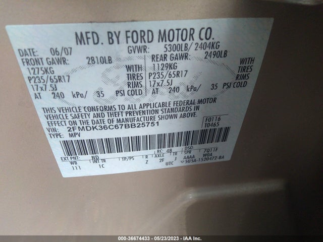 2007 FORD EDGE SE VIN: 2FMDK36C67BB25751
