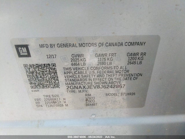 Chevrolet EQUINOX LT 2018 2GNAXJEV8J6242867 Image 10