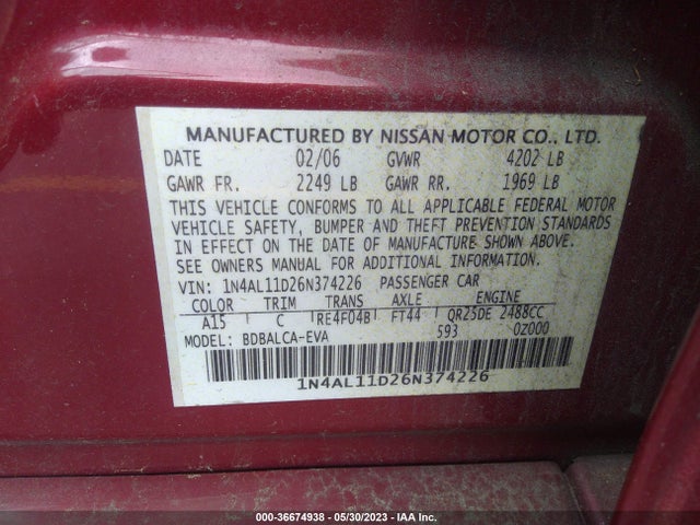 2006 Nissan Altima 2.5 მანქანა იყიდება აუქციონზე, vin: 1N4AL11D26N374226, აუქციონის ნომერი: 36674938