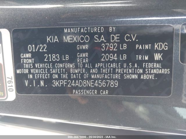 3KPF24AD8NE456789 KIA Forte Lxs