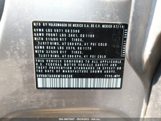 2019 VOLKSWAGEN TIGUAN S VIN: 3VV0B7AX8KM186208