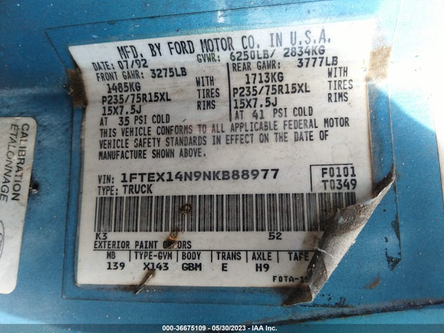 1992 FORD F150 VIN: 1FTEX14N9NKB88977