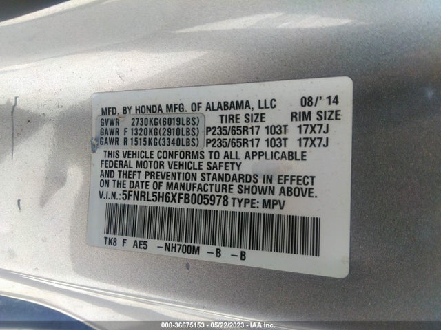 Honda Odyssey Ex-l 2015 5FNRL5H6XFB005978 Image 9