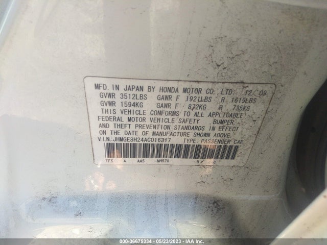 2010 HONDA FIT VIN: JHMGE8H24AC016317