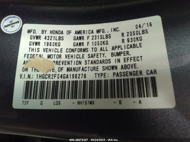 Honda Accord Sedan Ex 2016 1HGCR2F04GA196276 Image 9