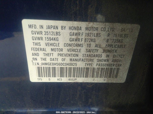 2013 HONDA FIT SPORT VIN: JHMGE8H56DC040925
