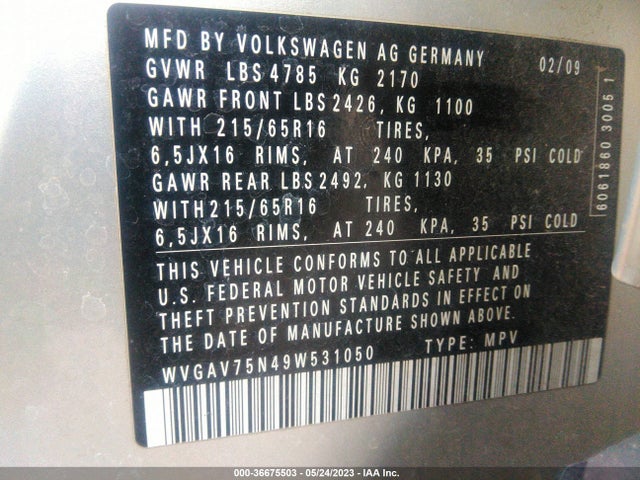2009 VOLKSWAGEN TIGUAN S VIN: WVGAV75N49W531050