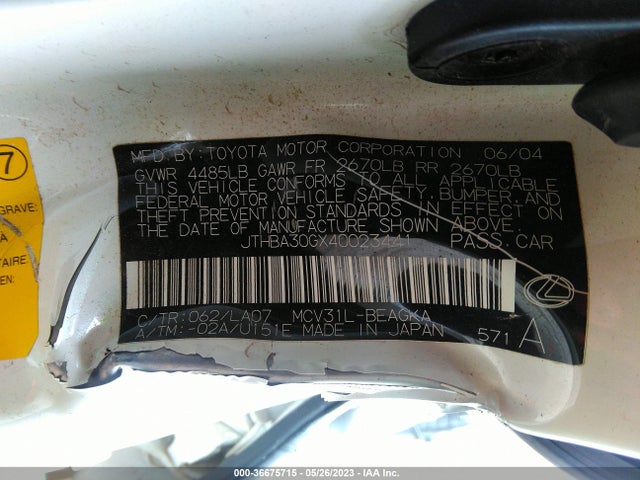 2004 LEXUS ES 330 VIN: JTHBA30GX40023441
