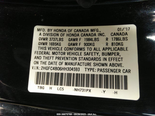 2017 HONDA CIVIC COUPE LX-P VIN: 2HGFC4B06HH304593