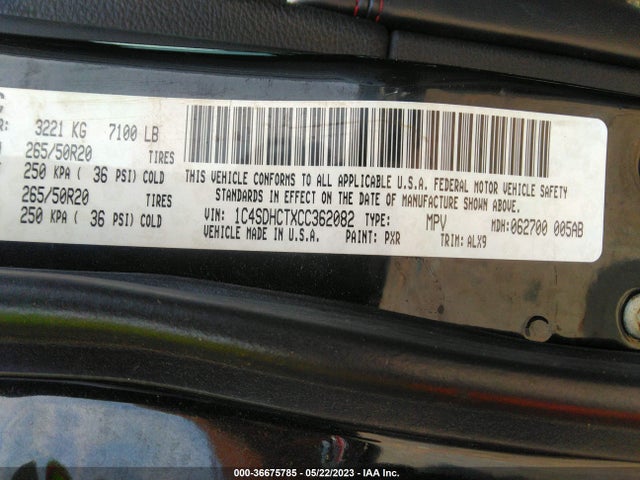 2012 DODGE DURANGO R/T VIN: 1C4SDHCTXCC362082