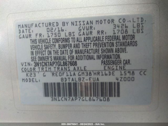 3N1CN7AP7GL867608 Nissan Versa S/s Plus/sl/sv