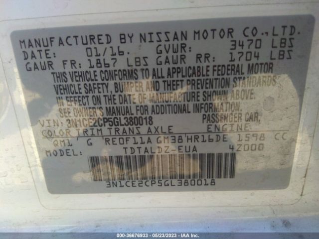 3N1CE2CP5GL380018 Nissan Versa Note S/s Plus/sv/sr/sl