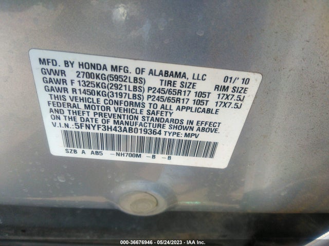 2010 HONDA PILOT EX VIN: 5FNYF3H43AB019364