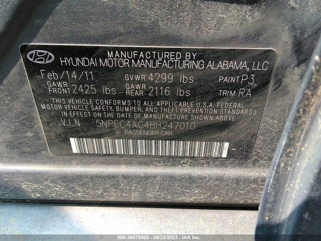 Продажа на аукционе авто 2011 Hyundai Sonata Se, vin: 5NPEC4AC4BH247010, номер лота: 36676965