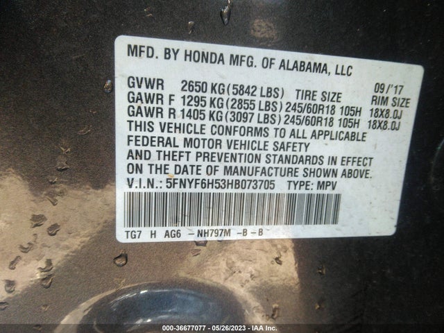 Honda Pilot Ex-l 2017 5FNYF6H53HB073705 Image 9