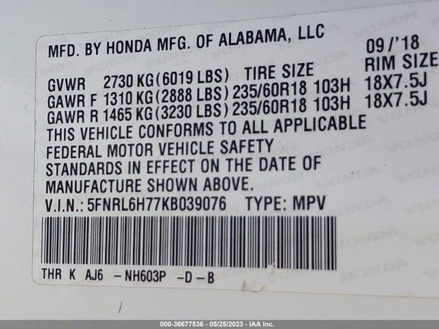 Honda Odyssey Ex-l 2019 5FNRL6H77KB039076 Image 11