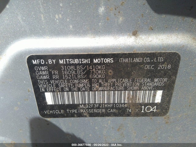 2019 MITSUBISHI MIRAGE G4 ES/RF VIN: ML32F3FJ1KHF10344