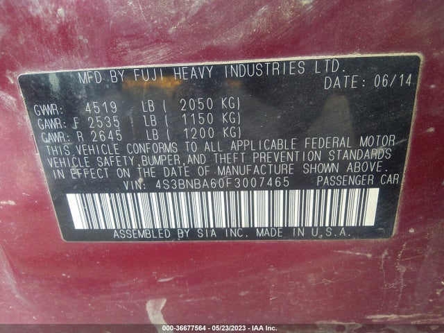 2015 SUBARU LEGACY 2.5I VIN: 4S3BNBA60F3007465
