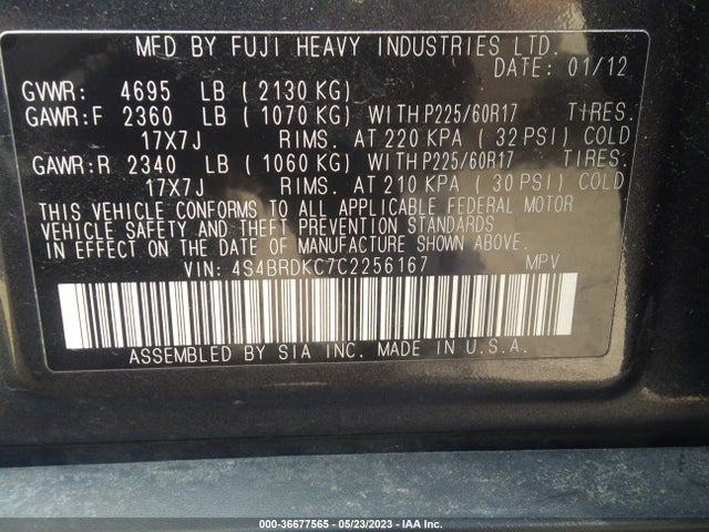 2012 Subaru Outback 3.6r Limited მანქანა იყიდება აუქციონზე, vin: 4S4BRDKC7C2256167, აუქციონის ნომერი: 36677565