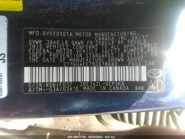 2011 TOYOTA COROLLA L/LE/S VIN: 2T1BU4EE7BC618689