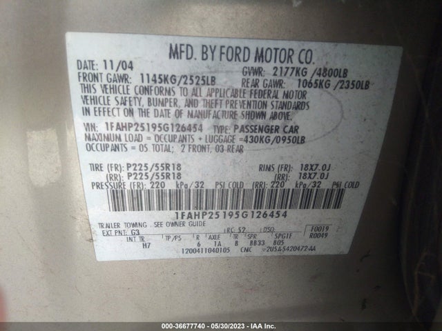 2005 FORD FIVE HUNDRED LIMITED VIN: 1FAHP25195G126454