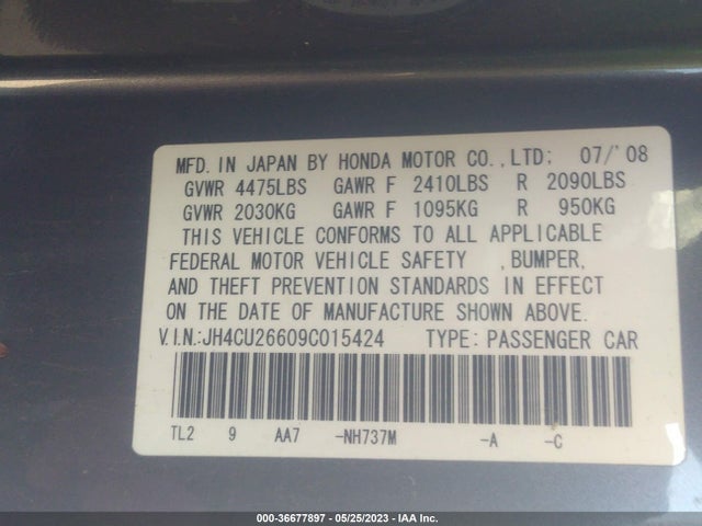 2009 ACURA TSX VIN: JH4CU26609C015424
