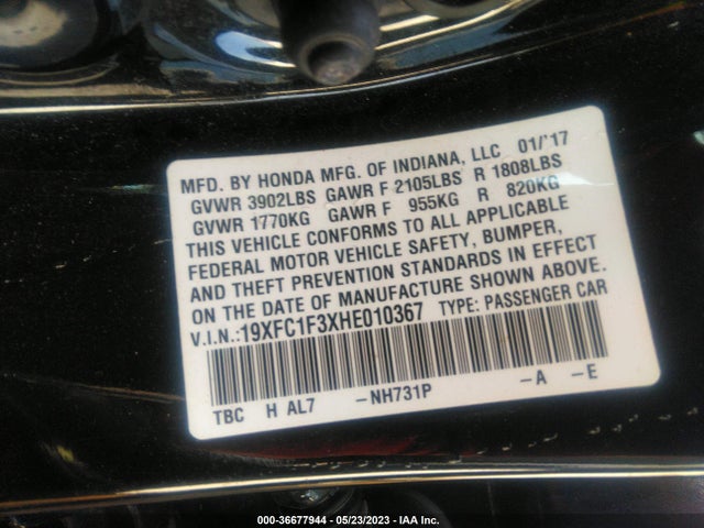 2017 HONDA CIVIC SEDAN EX-T VIN: 19XFC1F3XHE010367