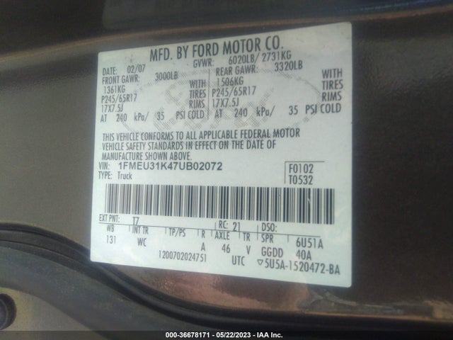 2007 FORD EXPLORER SPORT TRAC XLT VIN: 1FMEU31K47UB02072