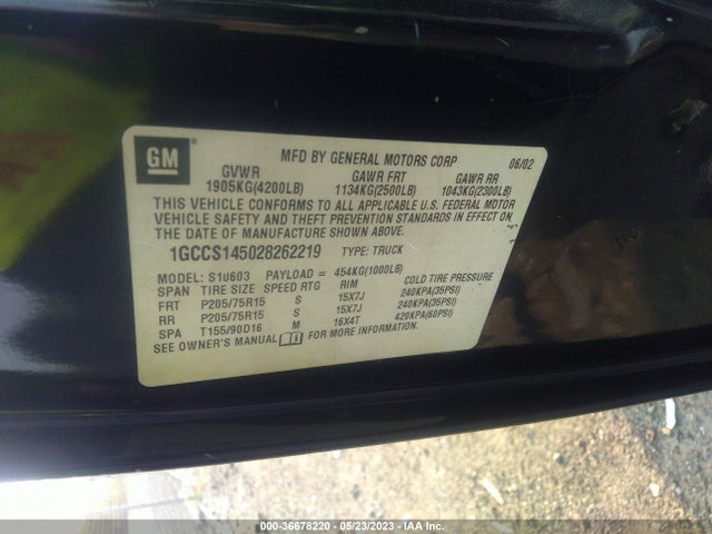 2002 CHEVROLET S-10 LS VIN: 1GCCS145028262219