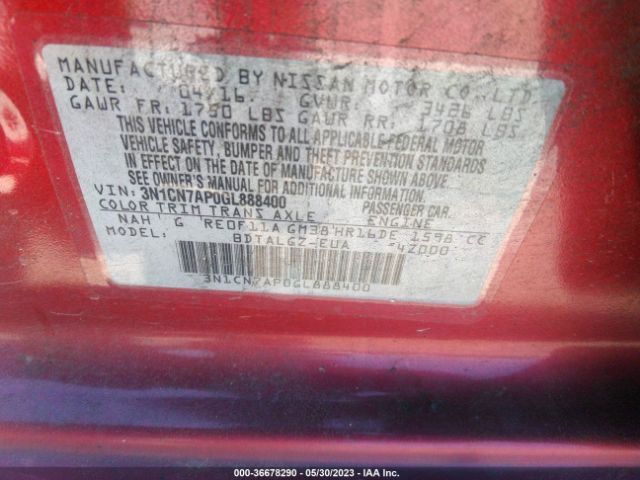 3N1CN7AP0GL888400 Nissan Versa Sl
