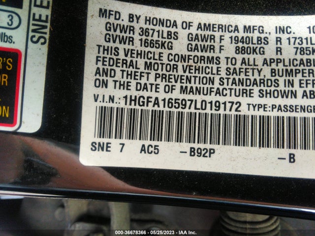 2007 HONDA CIVIC SDN LX VIN: 1HGFA16597L019172