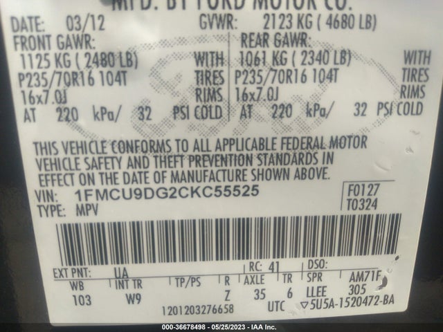 2012 FORD ESCAPE XLT VIN: 1FMCU9DG2CKC55525