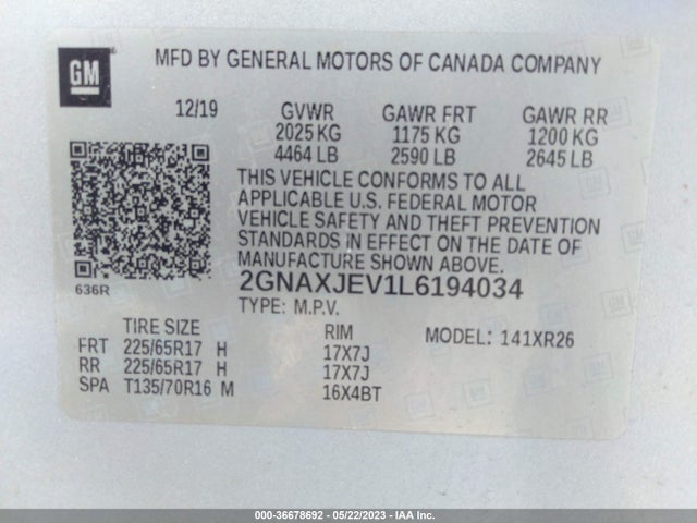Chevrolet EQUINOX LT 2020 2GNAXJEV1L6194034 Image 9