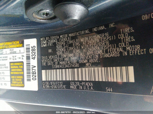 2010 TOYOTA SIENNA CE/LE VIN: 5TDKK4CC3AS314580