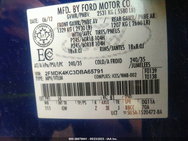 2013 FORD EDGE LIMITED VIN: 2FMDK4KC3DBA65791