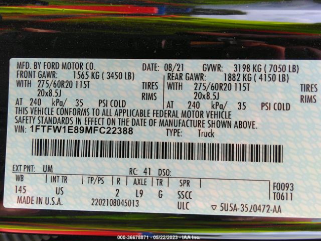 1FTFW1E89MFC22388 Ford F-150 Xl/xlt/lariat