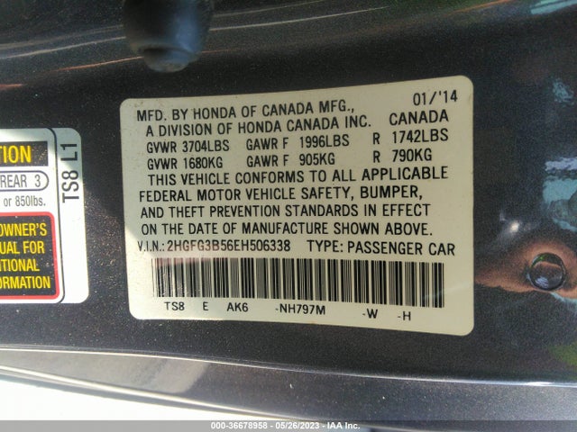 2014 HONDA CIVIC COUPE LX VIN: 2HGFG3B56EH506338