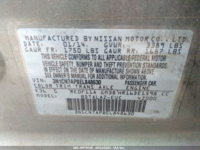 3N1CN7AP8EL848630 Nissan Versa S Plus