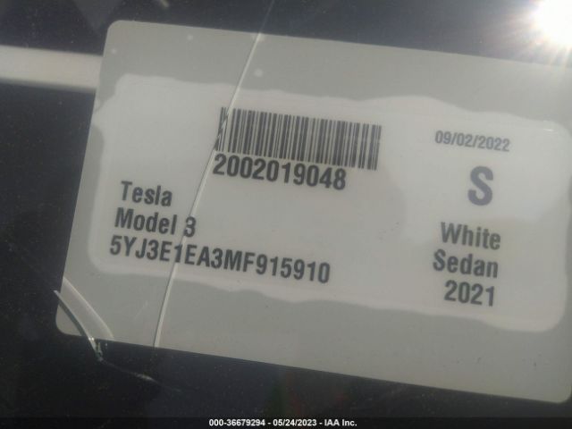 5YJ3E1EA3MF915910 Tesla Model 3 Standard Range Plus