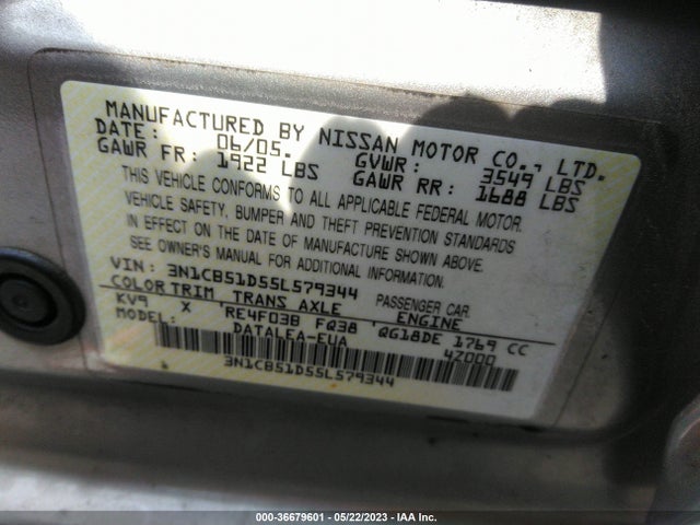 2005 NISSAN SENTRA 1.8 S VIN: 3N1CB51D55L579344