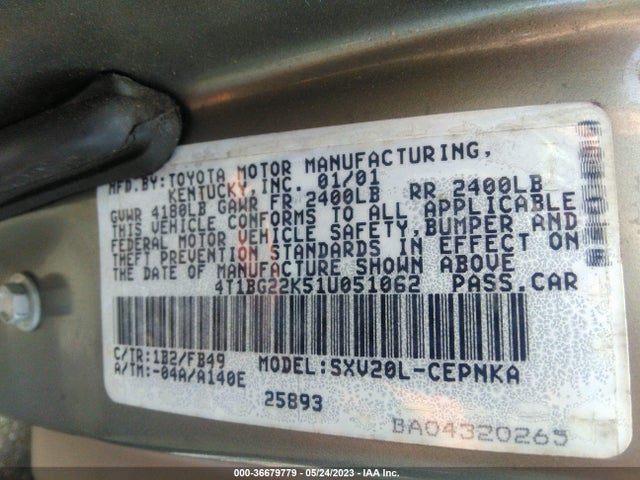 2001 TOYOTA CAMRY CE/LE/XLE VIN: 4T1BG22K51U051062