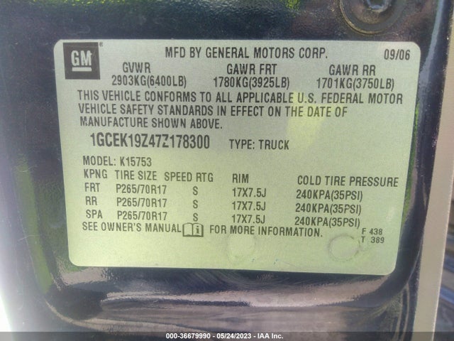 2007 CHEVROLET SILVERADO 1500 CLASSIC LT3 VIN: 1GCEK19Z47Z178300