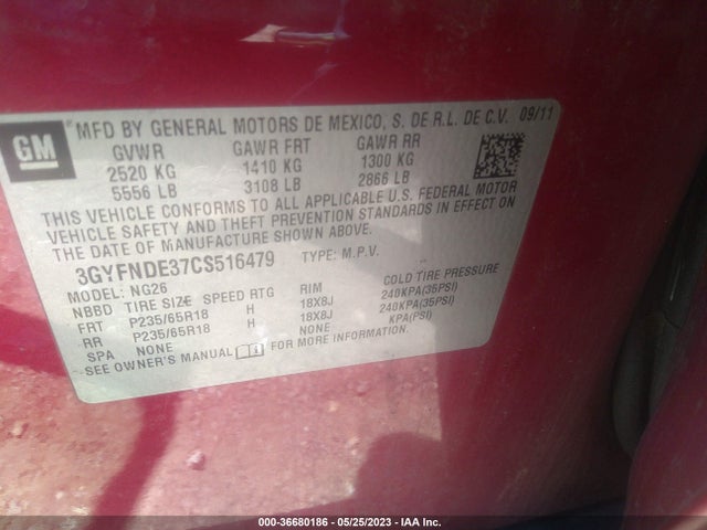 2012 CADILLAC SRX LUXURY COLLECTION VIN: 3GYFNDE37CS516479