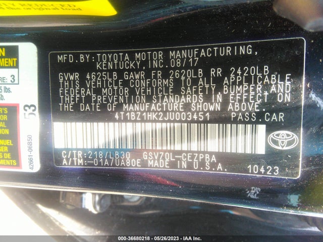 Toyota Camry V6 2018 4T1BZ1HK2JU003451 Image 10