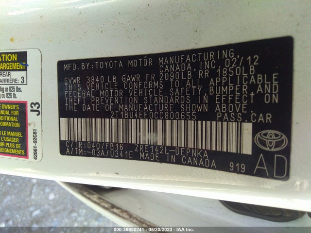 2012 TOYOTA COROLLA L/LE/S VIN: 2T1BU4EE0CC800655