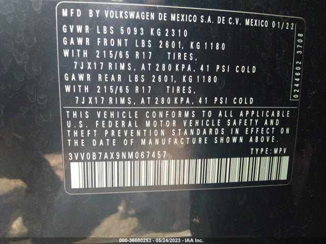 3VV0B7AX9NM067457 Volkswagen TIGUAN S