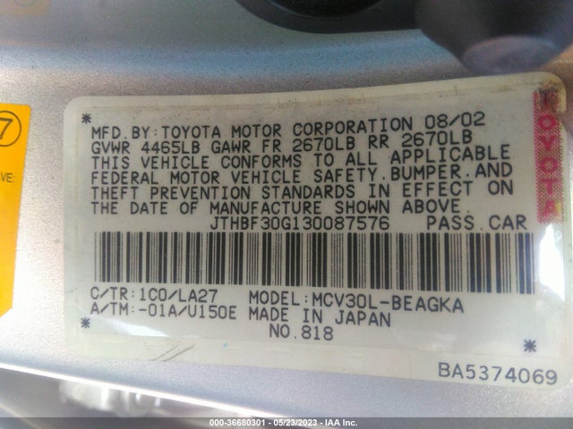 2003 LEXUS ES 300 VIN: JTHBF30G130087576
