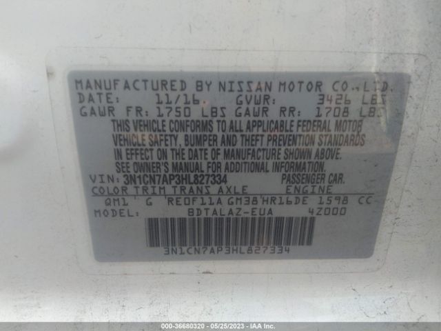 3N1CN7AP3HL827334 Nissan Versa Sedan S Plus