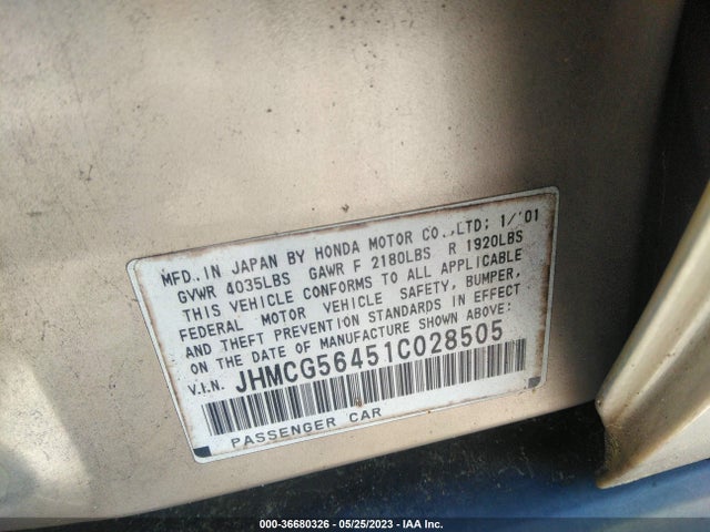 2001 HONDA ACCORD SDN LX VIN: JHMCG56451C028505